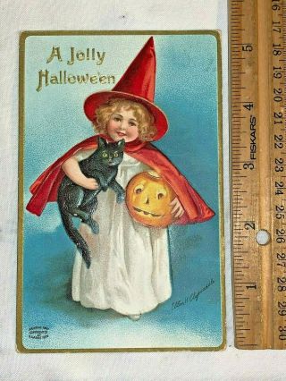 Antique Halloween Vintage Postcard Clapsaddle Victorian Girl Witch Black Cat Old