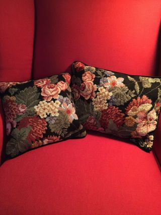 Two (2) Vintage Needlepoint Pillows Multi Black/red/pink/green/blue Floral