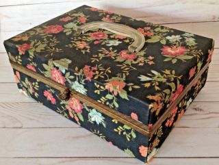 Vtg Fabric Covered Sewing Box With Pin Cushion Lucite Handle Black Floral Caddy