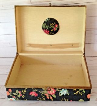 Vtg Fabric Covered Sewing Box with Pin Cushion Lucite Handle Black Floral Caddy 2