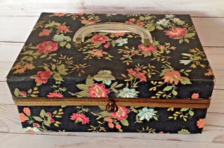 Vtg Fabric Covered Sewing Box with Pin Cushion Lucite Handle Black Floral Caddy 3
