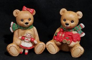Vintage Homco Christmas Teddy Bear Set Porcelain Bisque Boy Girl Figurine Pair