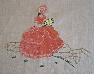 Vintage Hand Embroidery Crinoline Lady Embroidered On Linen Picture - Panel