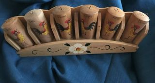 Vintage Rooster Wooden Spice Shakers (6) And Rack Hand Painted Country Kitchen