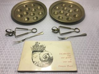 Set Of Vintage Escargot 12 Hole Dishes Plates & Tongs,  Forks,  Book France Ecruis