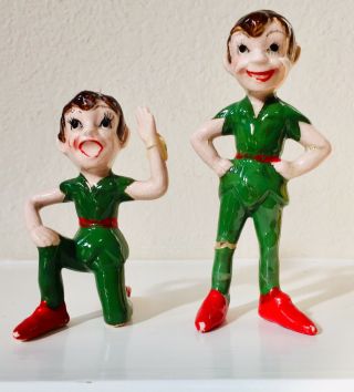 2 Vintage Kreiss Ceramic Green Elf Boys Christmas Figurines Pixies Japan 1958