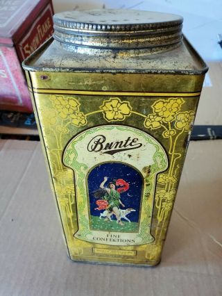 Vintage Colorful Bunte Five Pound Fine Confections Lady With Dog Candy Tin.
