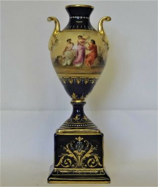 Antique Vienna Style Hand Painted Named Neoclassical Scenes Urn Vase,  Signed
