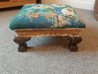 Lovely 19th Century Foot Stool With Claw And Ball Feet Needlework Top