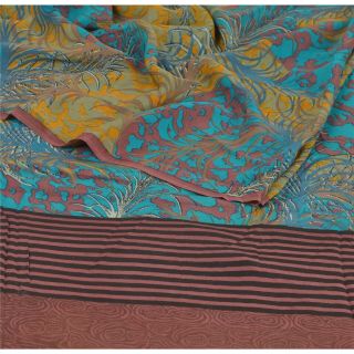 Sanskriti Vintage Blue Saree 100 Pure Crepe Silk Printed Fabric 5Yd Craft Sari 2