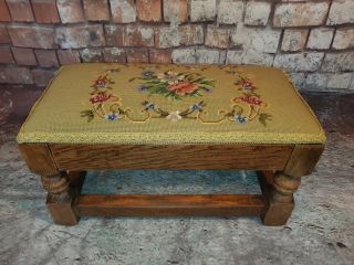 Antique Vintage Needlepoint Foot Stool Pouffe Tapestry Embroidered Oak Wooden