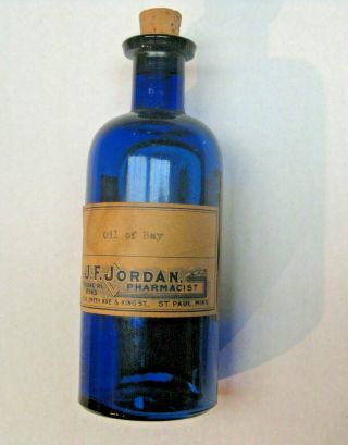 Vintage Oil Of Bay Cobalt Blue Medicine Bottle J.  F.  Jordan Pharmacist St.  Paul