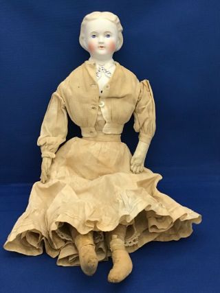 Antique Bisque Doll Head Chest Cloth Body Hand Painted Face Clothing