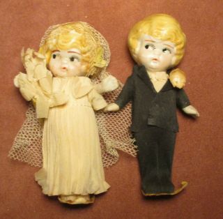 Antique/vintage 4 " Bisque Flapper Kewpie Dolls - Adorable Bride & Groom