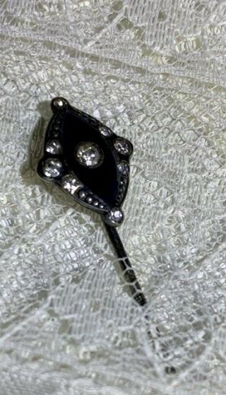 Antique Sterling Silver Art Deco Black Enamel W/rhinestones Hat Or Lapel Pin