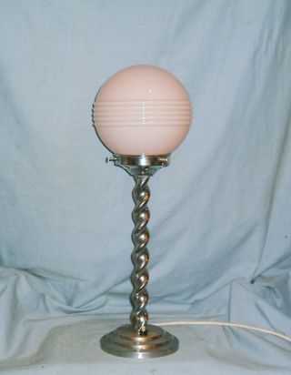 Art Deco - Chrome Barley Twist Lamp With Stepped Base & Glass Globe Shade.
