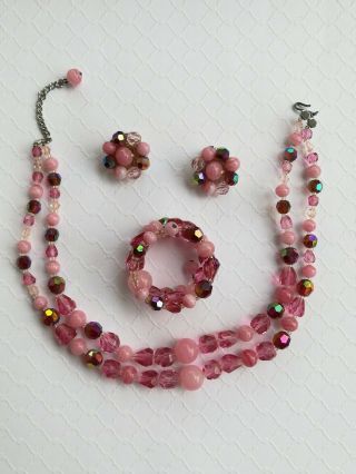Vintage Pink Glass Beaded Necklace Clip Earrings Wrap Bracelet Set