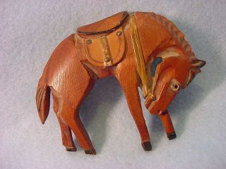 Vintage Leather Trim Wooden Horse Pin With Glass Eye