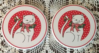 Vintage Set Of 2 Ceramic Christmas Cat Trivets Made In Japan