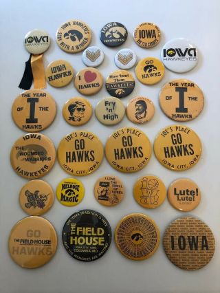 29 University Of Iowa Hawkeye Vintage Buttons - Pins.  Fry,  Lute,  Hawks