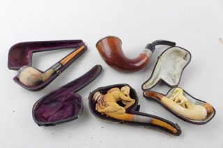 4 Antique Vintage Smoking Pipes / Cheroot Holders Inc.  925 Sterling Silver Band
