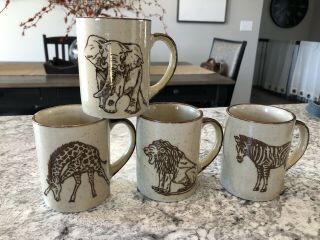 Otagiri Japan Vintage Speckled Stoneware Safari Animals Coffee Mug Cup Set Of 4