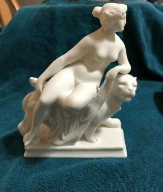 Vintage White Bisque Porcelain Nude Lady Sitting On Lion