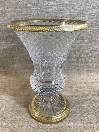Antique French Empire Style Baccarat 7.  25” Vase Gilt Bronze & Cut Crystal