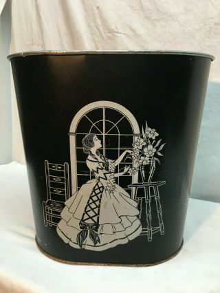 Vintage Mid Century Metal Black Trash Can With Southern Woman Floral Window 11in