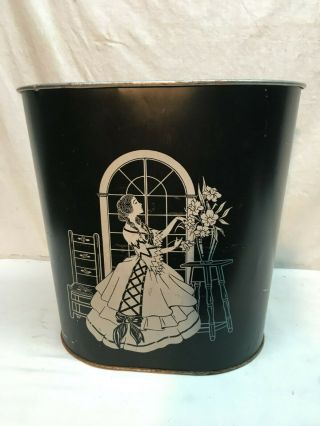 Vintage Mid Century Metal Black Trash Can with Southern Woman floral window 11in 2