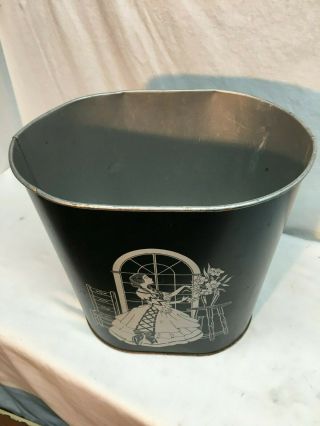Vintage Mid Century Metal Black Trash Can with Southern Woman floral window 11in 3