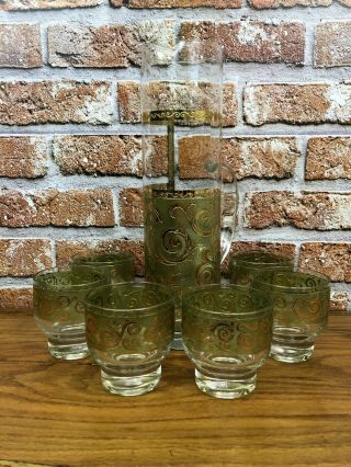 Culver Toledo Cocktail Pitcher W/ 6 Footed Glasses Mid Century Modern Green Gold