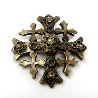 Nyjewel Vintage 800 Silver Jerusalem Maltese Cross Pin Brooch 39 X 39mm