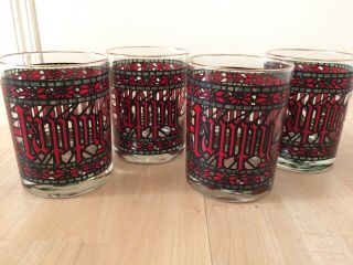 Vintage Houze Happy Holidays Glasses Set 4 Gold Rimmed Tumblers Stained Glass