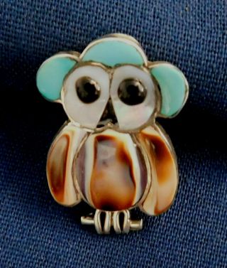 Zuni R.  K.  Sterling Silver Multi Stone Inlay Handmade Vintage Owl Pin Estate