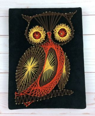 Vintage Owl String Art Black Velvet 70s