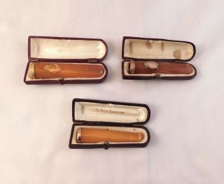 Group Of 3 French Antique Butterscotch Amber - Gold Rimmed Cigar Holders