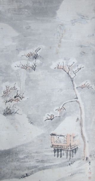 1982 Japanese Vintage Hanging Scroll Kakejiku Winter Scene Snow Trees Wall Art