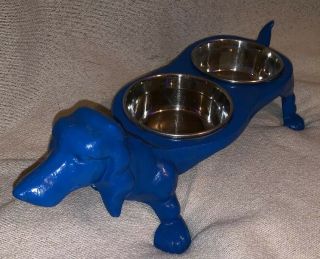 Vtg Blue Cast Iron Dachshund Stand Dog Cat Food Water 2 Stainless Steel Bowls