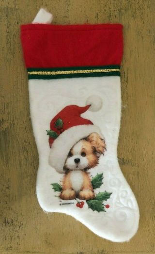 Vintage Morehead Puppy Dog Santa Hat White Christmas Stocking 15 Inch