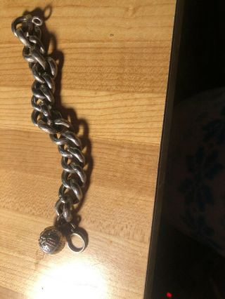Vintage Silver Large Link Bracelet With Hanging Round Embossed Charm 6 3/4”