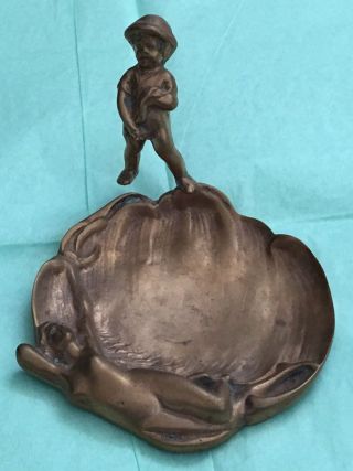 Vtg Rare Old Antique Metal Sculptured Art Nude Lady Young Boy Dish Plate Ashtray
