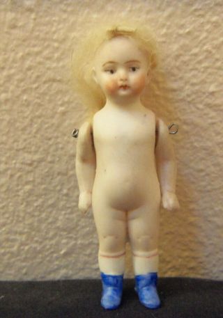 Antique Miniature Jointed Bisque Doll With Human Hair Wig