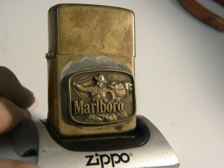 1975/76 P.  M.  Inc Brass Zippo Lighter Marlboro Philip Morris Usa Cowboy W/lasso