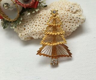 Vintage Monet Gold Tone Wire Christmas Tree Brooch With Rhinestones