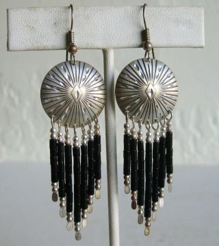 Vintage Southwestern Sterling Silver Black Onyx Beaded Drop Dangle Hook Earrings