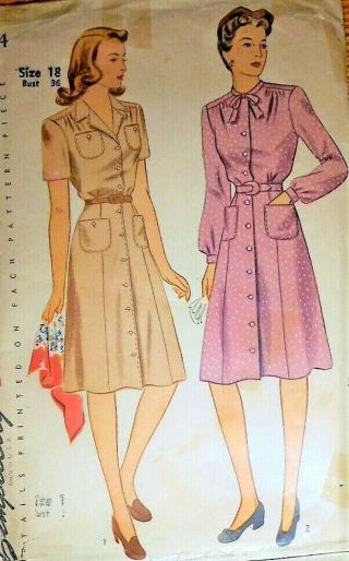 Vintage 1940s Misses Front Button Dress Simplicity Pattern Size 18 4664