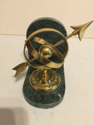 Armillary Sphere Bookend Green Marble And Brass Globe Sundial Arrow Vintage