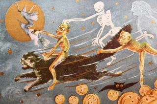 1912 Antique Halloween Embossed Postcard W/gobelins,  Witch,  Black Cat,  Skeletons