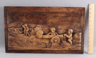 Antique Folk Art Carved Wood Panel,  Children Puti Fighting War Firing Cannon Nr